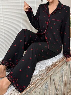 Black Cherry-Print Pajama Set with Red Trim